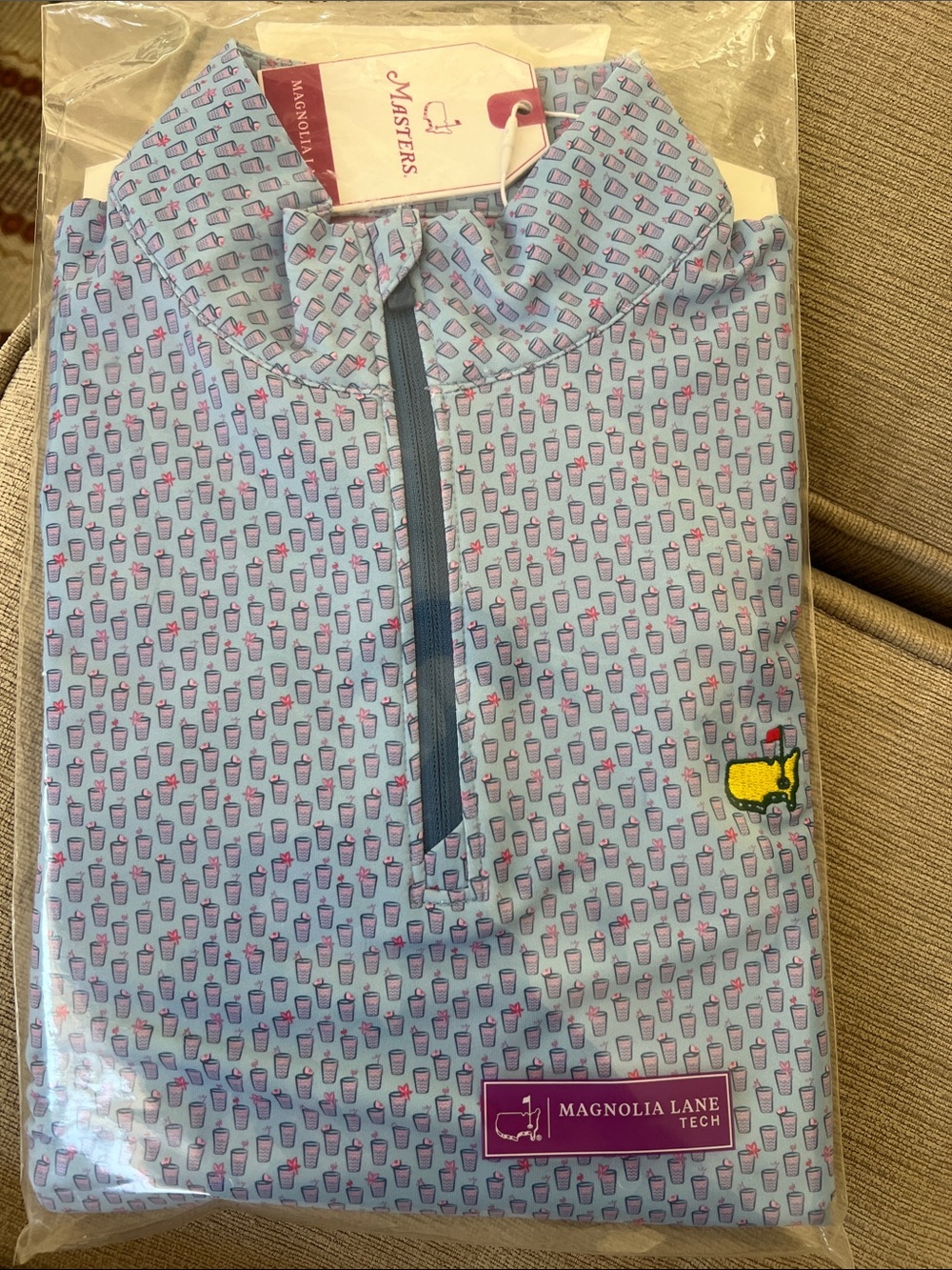 Masters Light Blue Quarter-Zip Pullover with Pink Cup Print
